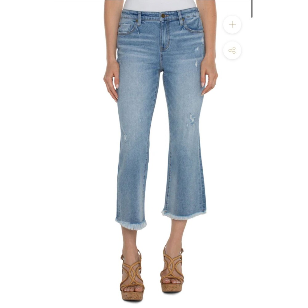 Liverpool Jeans Hannah Crop Flare Leg 12/31 Blue Distressed Denim Fray Hem Boho - Picture 2 of 16